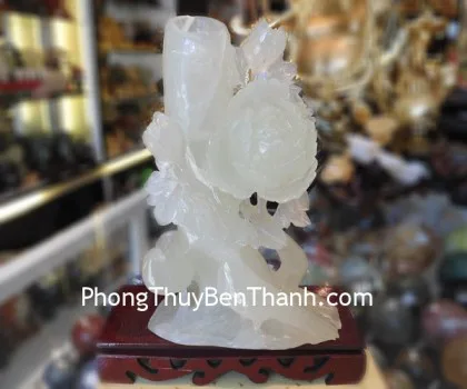 Tượng 2 chim khuyên và 1 mẫu đơn Thanh Ngọc K058